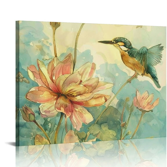BCIIG Birds Wall Art - Bird with Lotus Picture Canvas Prints Animal Painting Vintage Birds Art for Bathroom Bedroom Living Room Home Office Decor 20x16in