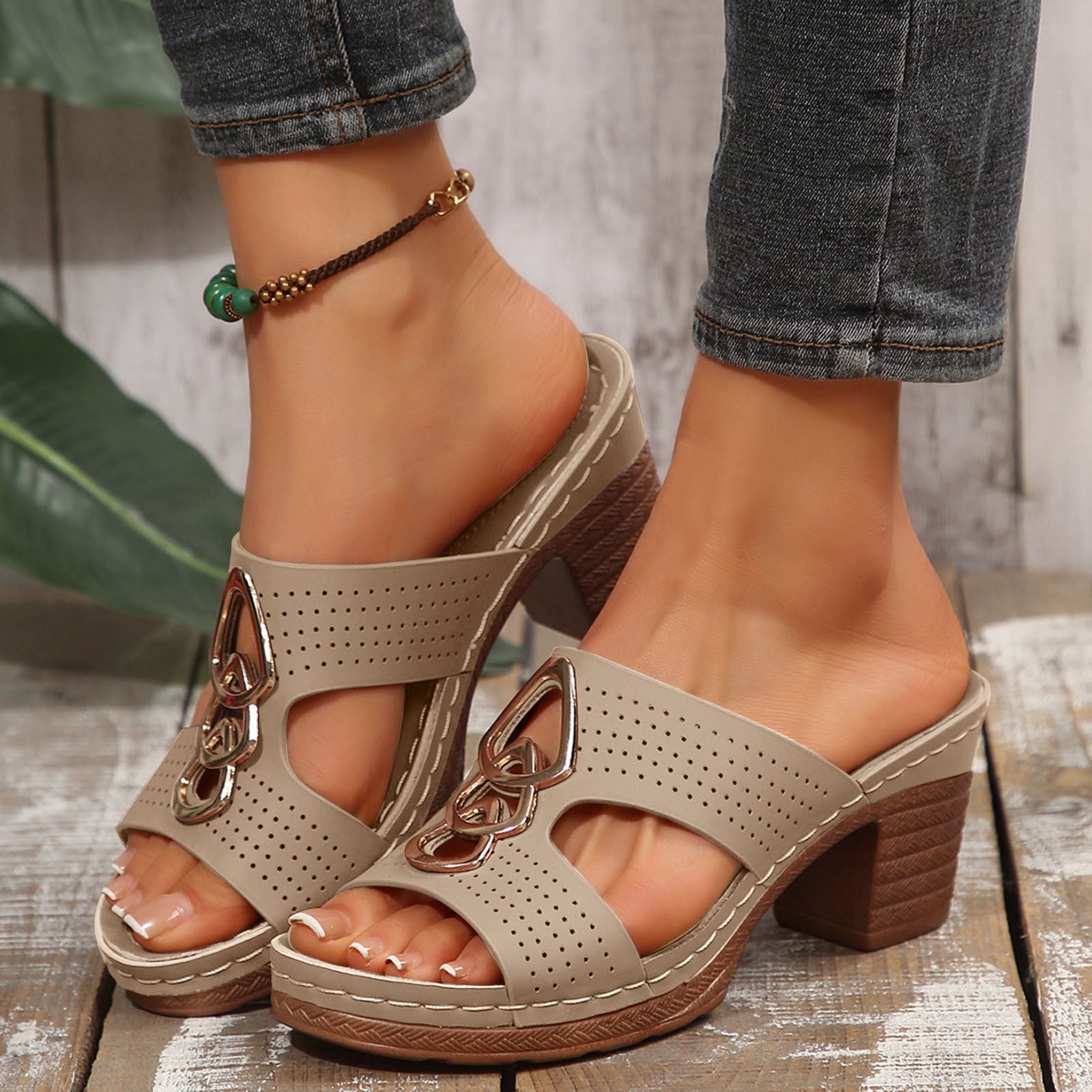 Dakaela Womens Heels Sandals Cutout Orthopedic Dressy Slide Pumps Summer Slip on Shoes Beige 7.5
