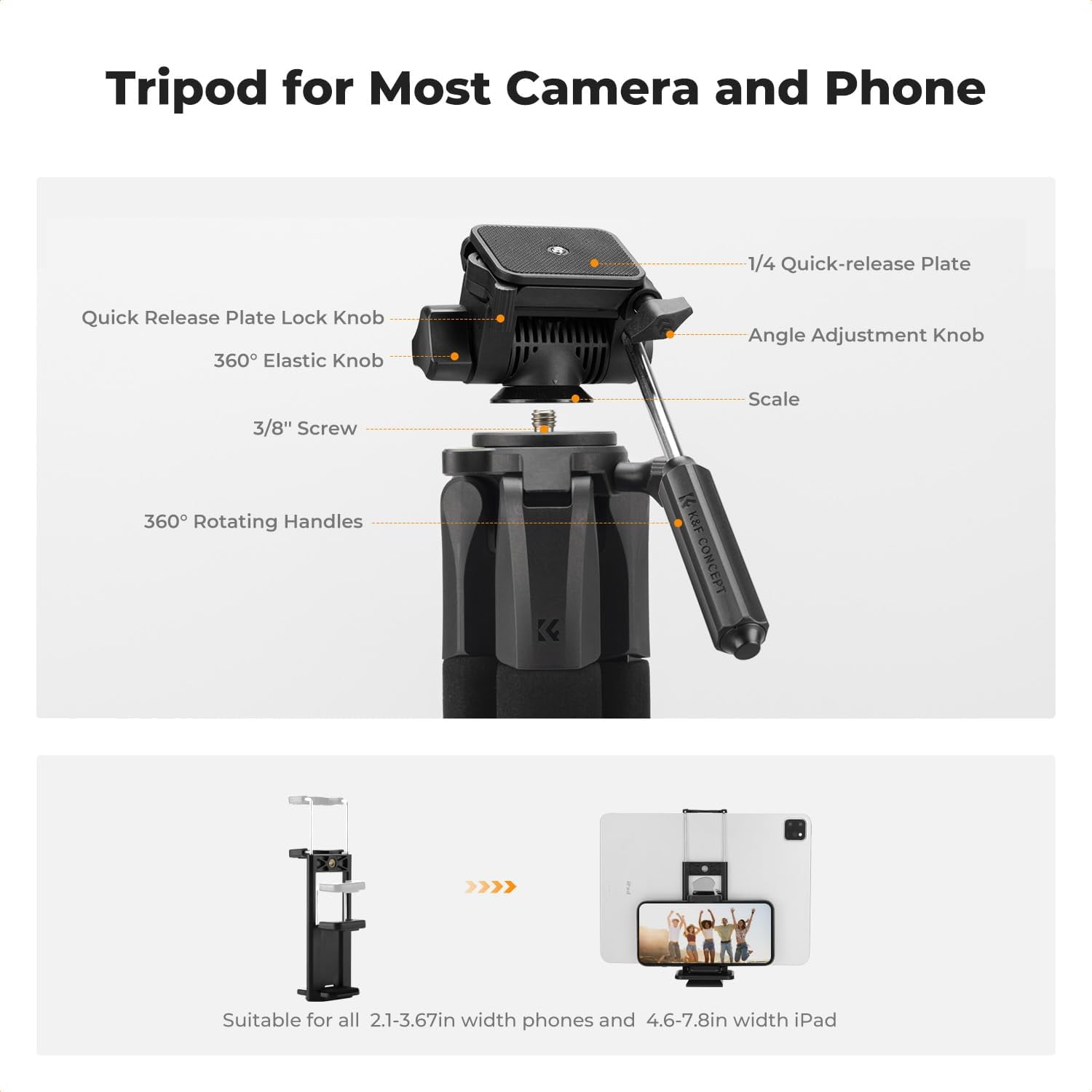 K&F CONCEPT 75" Lightweight Camera Tripod, Portable Travel Outdoor DSLR Tripods with Remote and Phone Holder, Cellphone Clip for Smartphone Live Streaming Vlog, Black