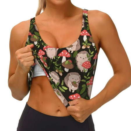 Qokaie Edgehog and Mushrooms Pattern Womens Scoop Neck Sports Bra Breathable Workout Vest Padded U Back Medium Impact Fitness Gym Yoga Bra Workout Crop Top