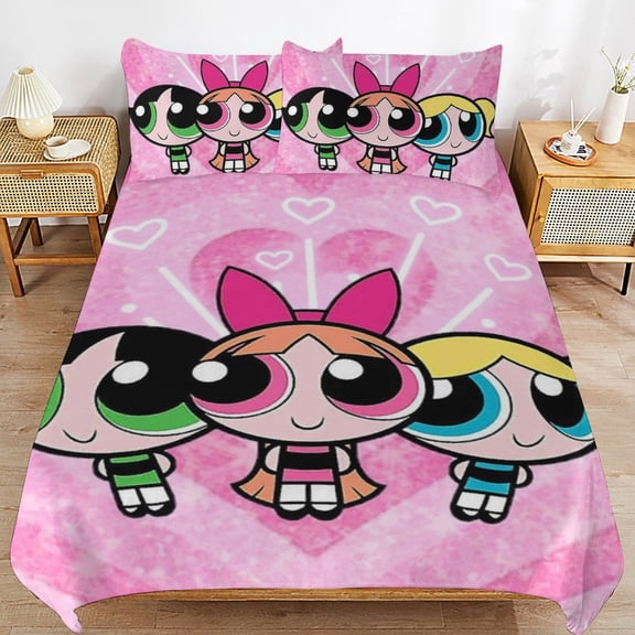 The Powerpuff Girls 3 Pieces Bedding Set 3D Printed Lightweight Bed Quilt Set Comforter Cover Set for Girls Kids Teens, 1 Quilt Cover 2 Pillowcases 86"x70"