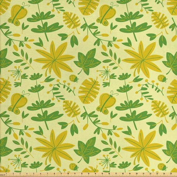 Leaves Fabric by the Yard, Summer Time Botany Leaves Plants and Butterflies, Decorative Upholstery Fabric for Sofas and Home Accents, Yellow Fern Green by Ambesonne