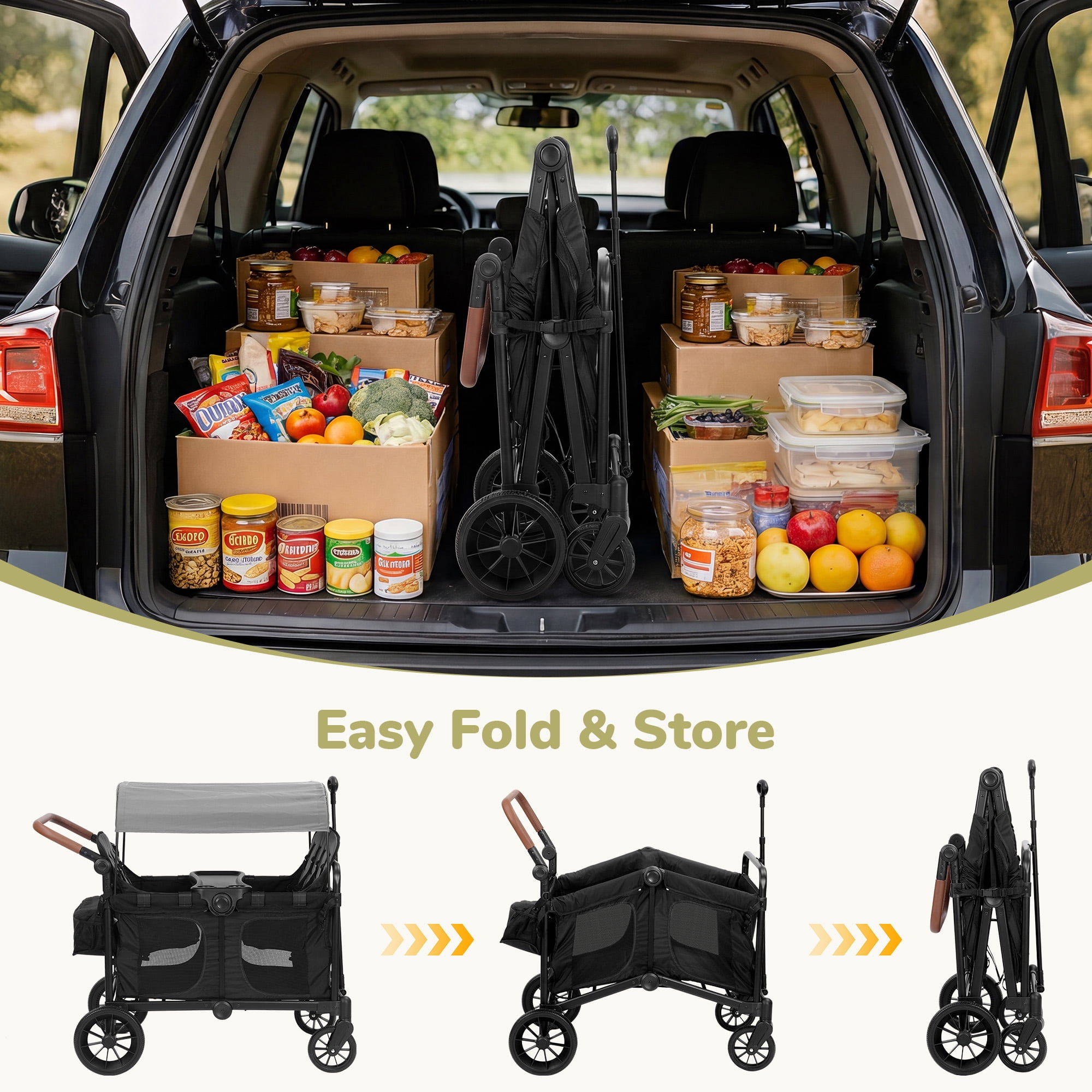 Neche Collapsible Wagon Stroller 4 Seater with 5-Point Harnesses, Canopy, Storage Bag, Adjustable Handlebar, 2 Cup Holders, Grey