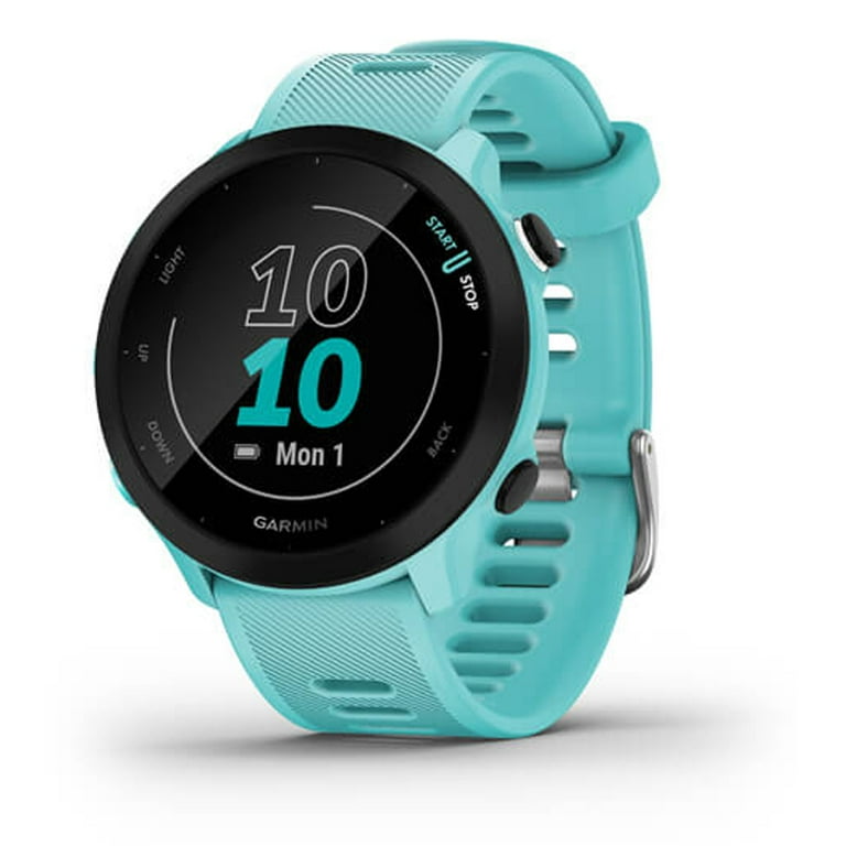 Garmin 010 02562 02 Forerunner 55 GPS Running Watch Activity Tracker Aqua Bundle with Workout Cooling Sport Towel and Wearable Commuter Front and Rear Safety Light Walmart