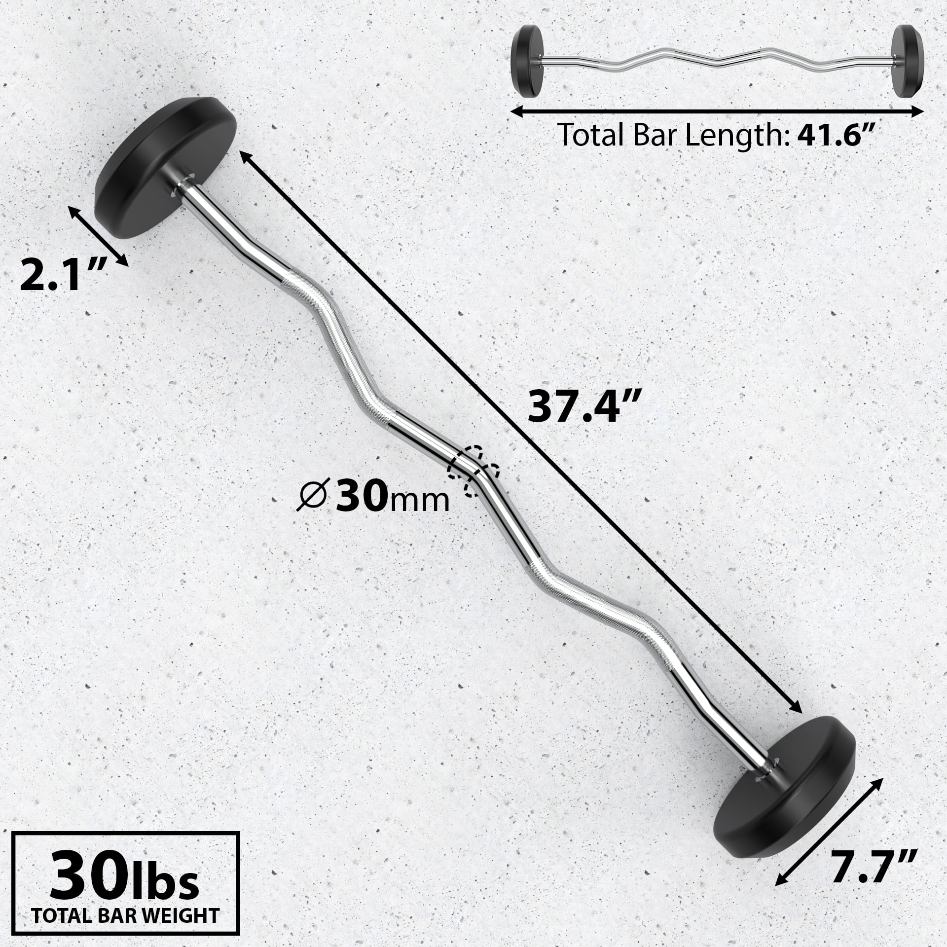Synergee Fixed 30LB Easy Curl Bar Pre Weighted Curved Steel Bar with Rubber Weights - Fixed Weight