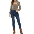 thumbnail image 2 of INSPIRE CHIC Women Houndstooth Print Choker Neck Puff Long Sleeve Elegant Casual Blouse Top XS Brown, 2 of 6