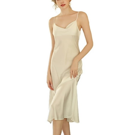 

Homgro Women s Satin Chemise Nightgown Soft Pjs Sexy Cami Long Sleeveless Cool Summer Comfy Slim Fit Loungewear Beige 8-10