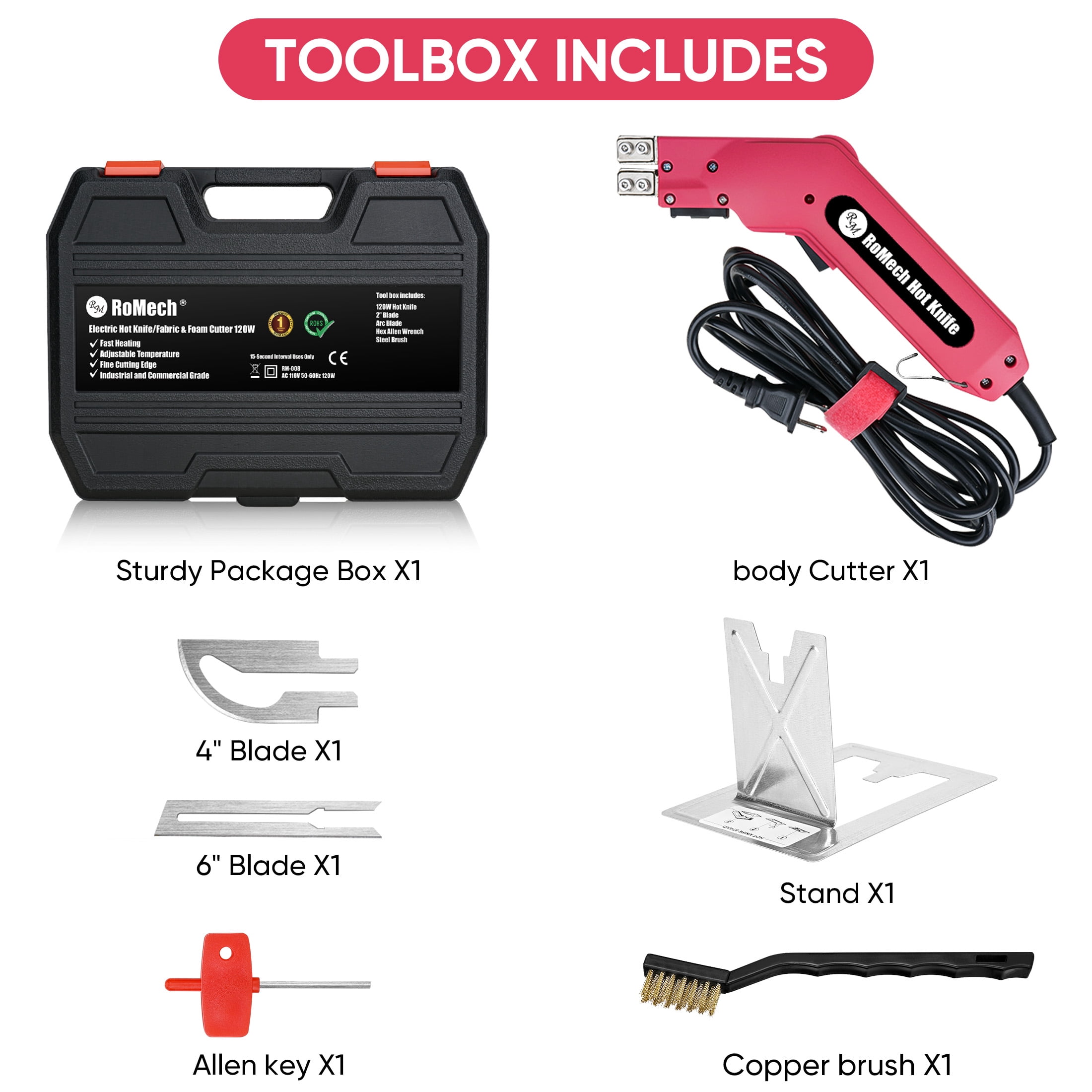 RoMech Fabric Cutter Rope Cutter 100W - Pro Electric Hot Knife - Foam Styrofoam Cutting Tool Kit- with Heavy Duty Case, Blades & Accessories (RM-008)
