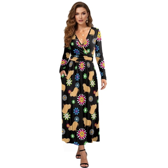 Tutolipy Dresses for Women Butterfly Floral Printed A Line Dress V Neck Midi Dresses Wedding Guest Holiday Beach Long Dress, S