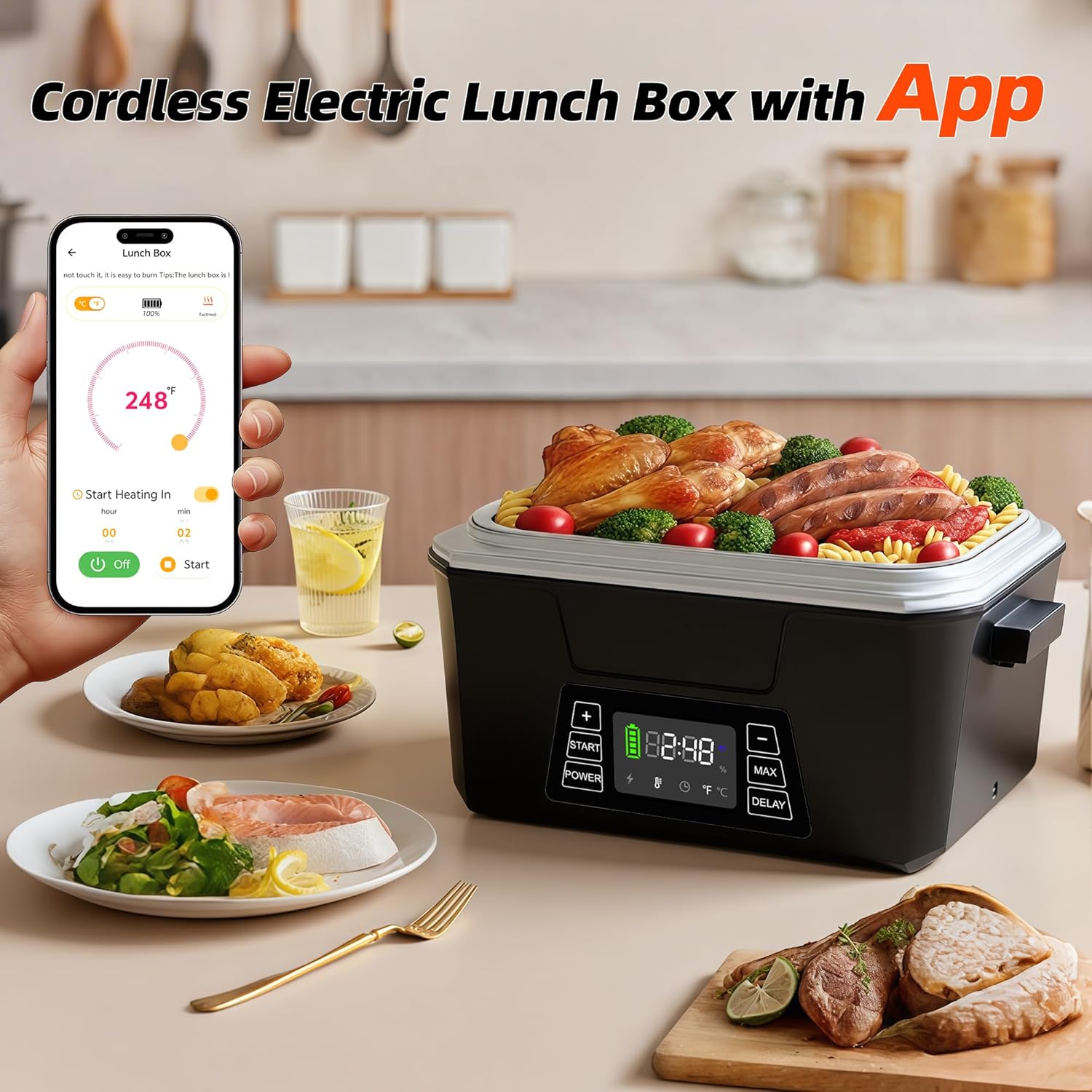 Cordless Electric Lunch Box for Adults, Portable Battery Powered Heated Lunch Box with APP, 1.2L Automatic Scheduled Heating Lunchbox for Office Work Car Travel Outdoor