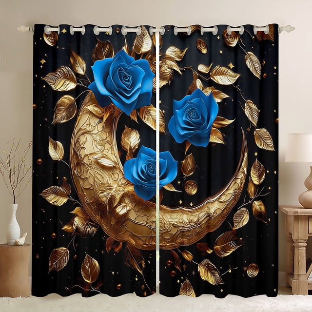 Erosebridal Rideaux et Draperies Romantiques Bleus Roses (42x63), Rideaux Occultants 30 %-50 % pour Chambre, Décor Feuilles Dorées