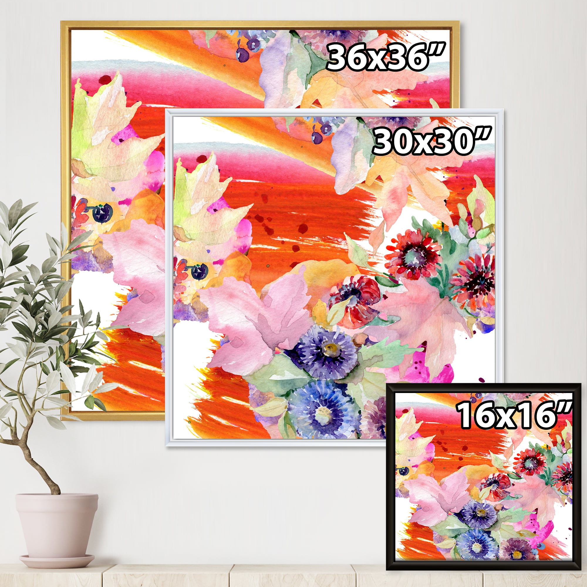 Designart 'Wildflowers and Vibrant Wild Spring Leaves VII' Modern Framed Canvas Wall Art Print