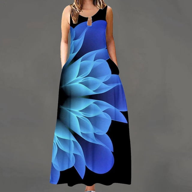 SMihono Robe d'Été Grande Taille pour Femmes 2023 Sans Manches Col Rond Imprimé Poche Grande Robe Évasée d'Été