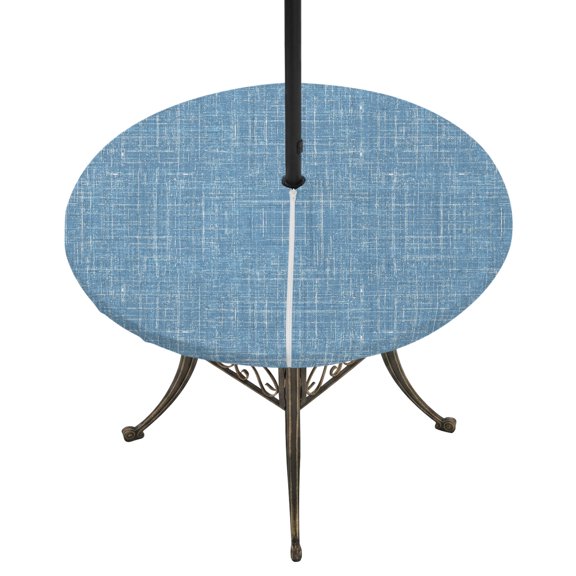 Round Outdoor Tablecloth with Umbrella Hole and Zipper, Sky Blue Tablecloth with Elastic Waterproof, Farmhouse Vintage Blue Solid Color Modern Patio Table Covers for 36" - 44" Picnic Pool Tables