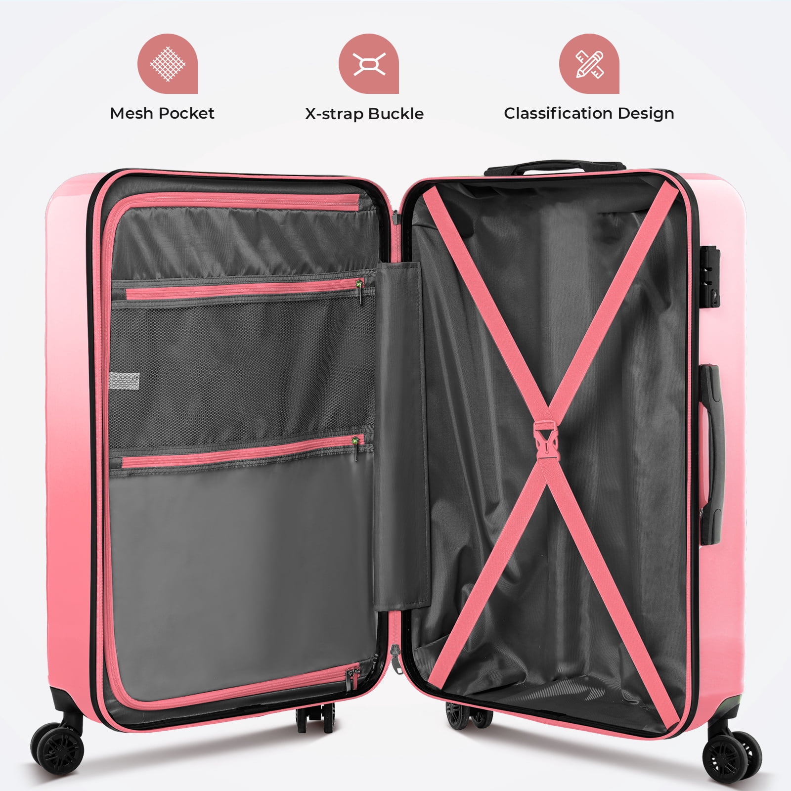 3 Piece Luggage Sets 20"/24"/28" ABS+PC Lightweight Hardshell Suitcase with Spinner Wheels and TSA Lock,Pink