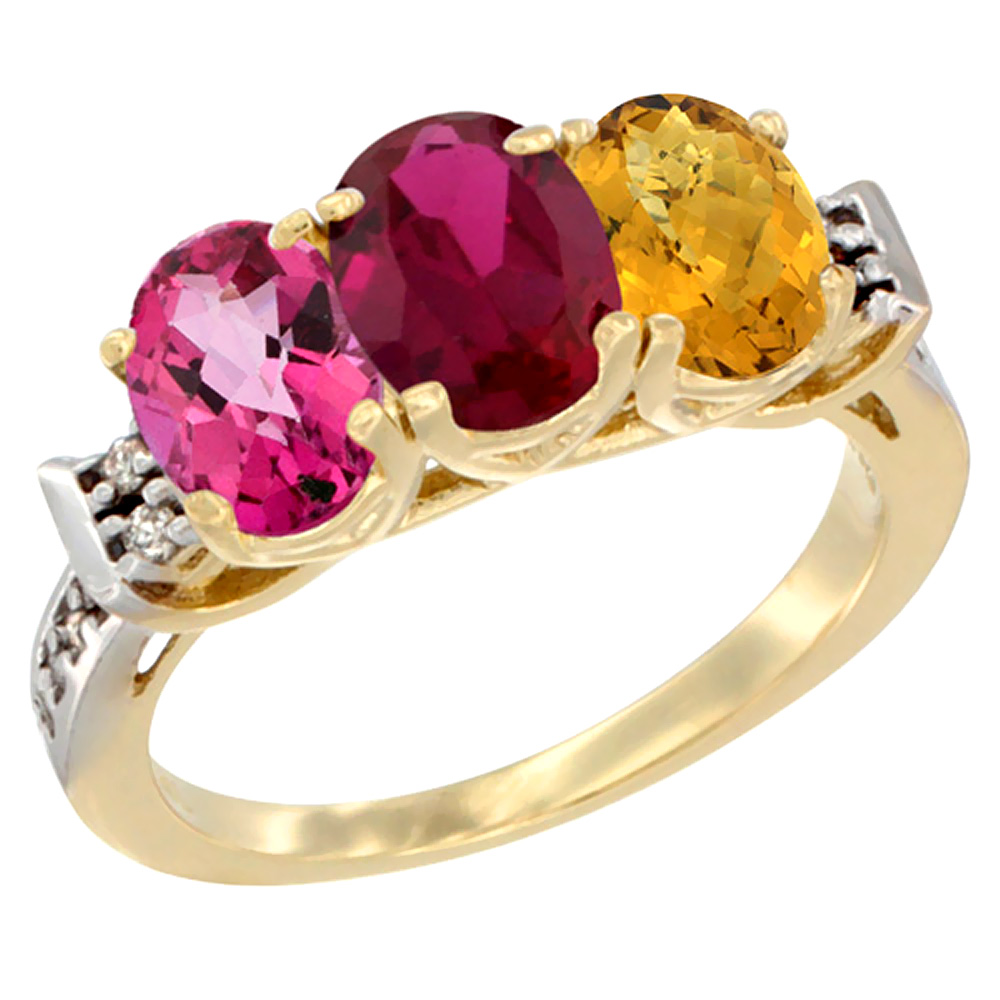 10K Yellow Gold Natural Pink Topaz, Enhanced Ruby & Natural Whisky Quartz Ring 3-Stone Oval 7x5 mm Diamond Accent, sizes... by WorldJewels