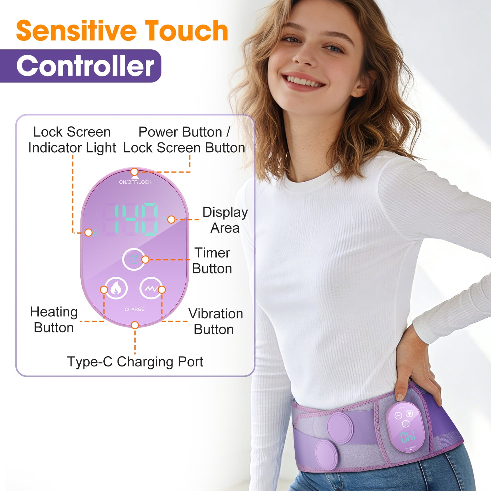 Lower Back Heating Pad for Sciatica, Cordless Hip Heating Pad, Buttock Heated Massager Wrap with 5 Heating, 3 Timing & Vibration Modes, 3000mAh Battery for Waist, Purple