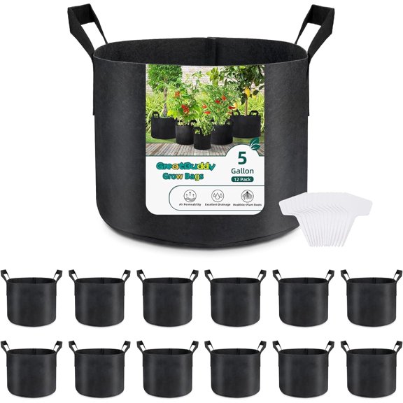 12-Pack Grow Bags 5 Gallon, Thick Fabric Planter Bags for Vegetables, Sturdy Handles & Reinforced Stitching, Labels Included, Black