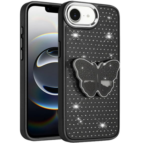 Case for Apple iPhone 16e Butterfly Moveable Grip 3D Pop Stand Full Diamond Bling Sparkling TPU Fashion Hybrid, XPM Phone Cover fit Apple iPhone 16 E (6.1") [Black]