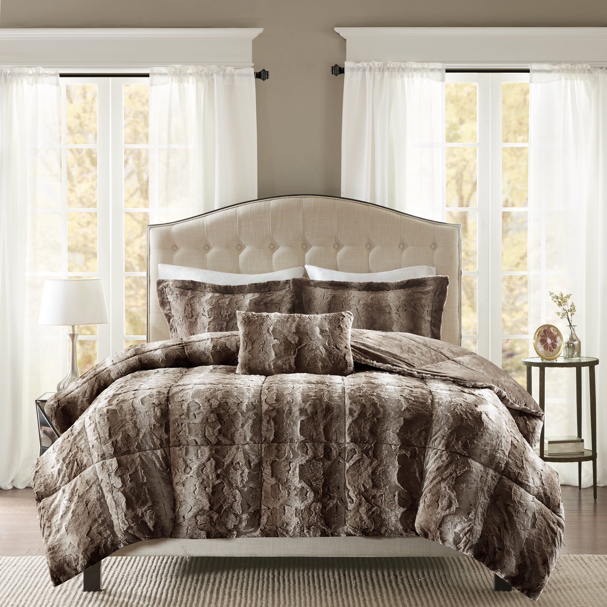 Madison Park Zuri 4PC Faux Fur Comforter Set, Full/Queen - Brown, Adult, All-Season