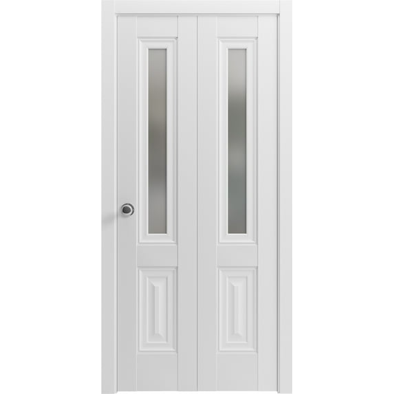 Sliding Closet Bi-fold Doors 36 x 80 inches | Lucia 8822 White Silk with Frosted Glass | Sturdy Tracks Moldings Trims Hardware Set | Wood Solid Bedroom Wardrobe Doors