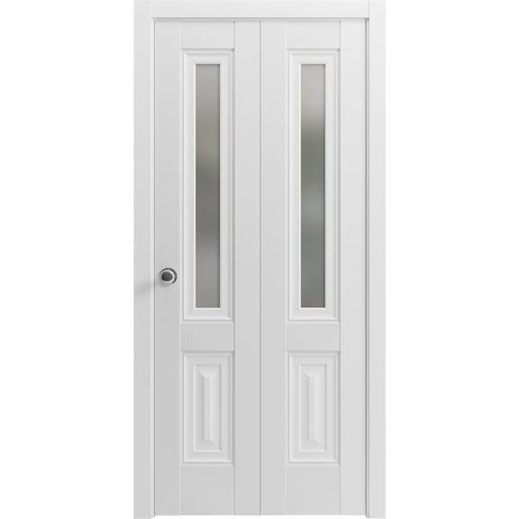 Sliding Closet Bi-fold Doors 48 x 80 inches | Lucia 8822 White Silk with Frosted Glass | Sturdy Tracks Moldings Trims Hardware Set | Wood Solid Bedroom Wardrobe Doors
