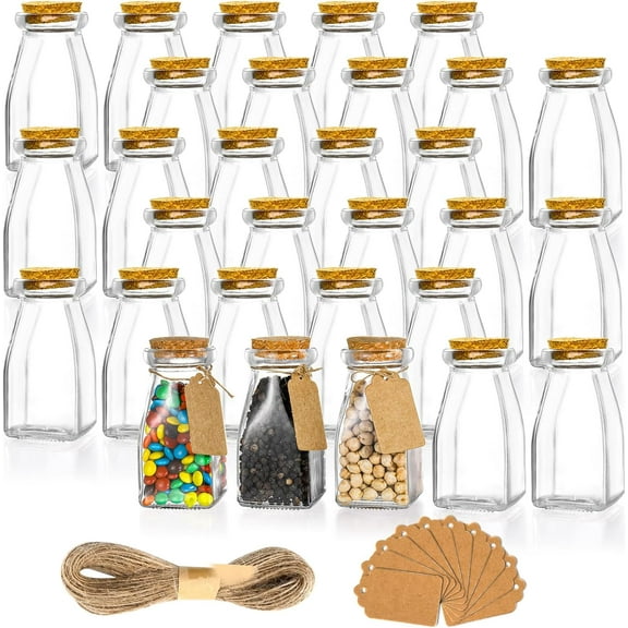 30 Pack Glass Favor Jars with Cork Lids for Mother's Day Gift, 4 OZ Clear Small Candy Jars Set Square Decorative Bottles for Wedding, Baby Shower, Party Favor, Brown Labels and Strings