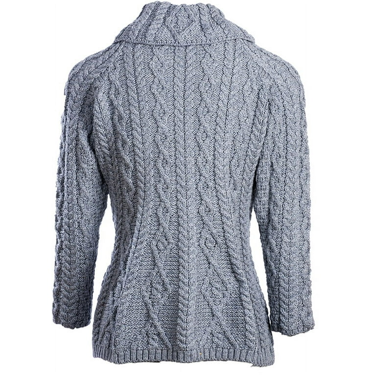 Aran Irish Knit Cardigan Sweater 100% Merino Wool Women's Chunky