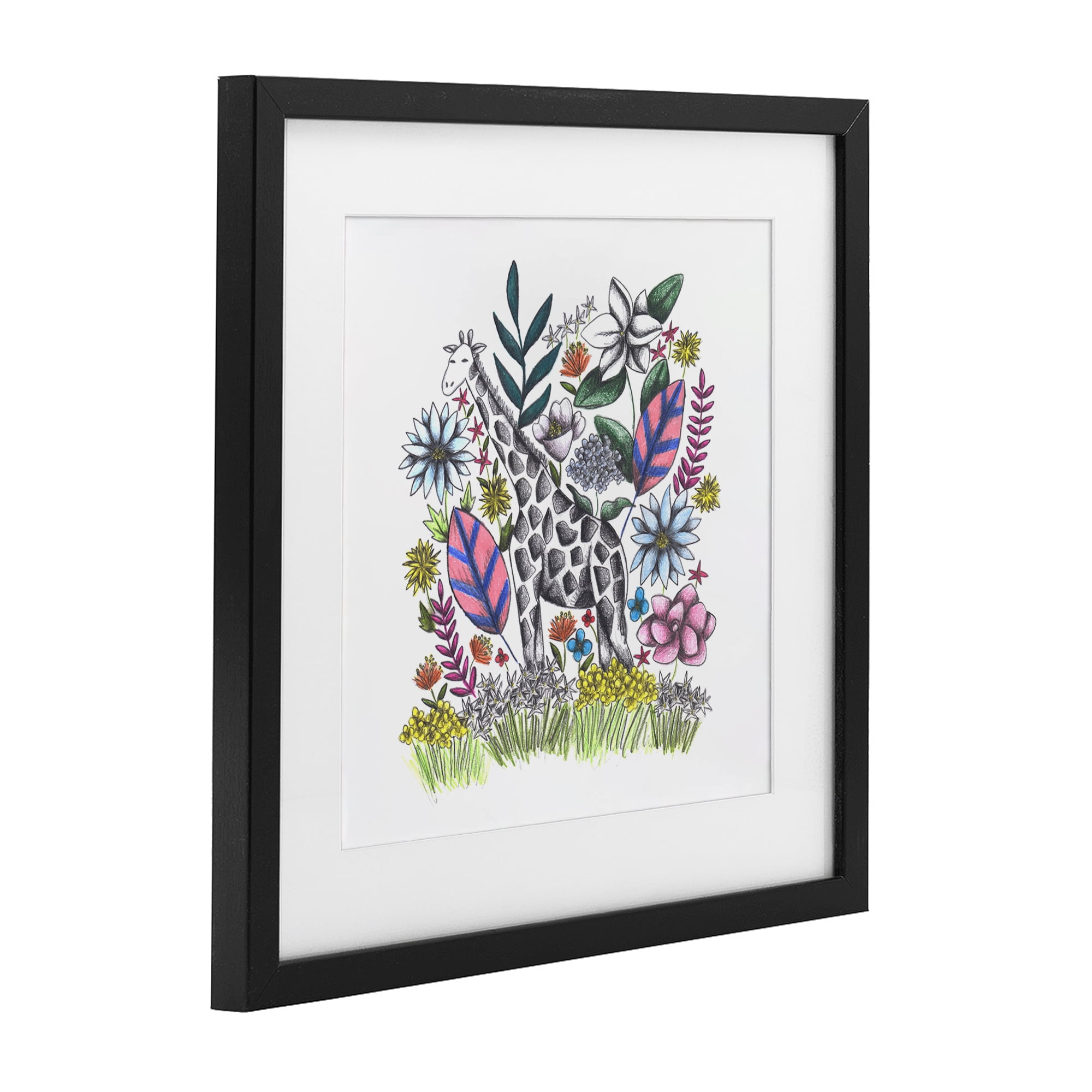 Giraffe in Midst of Flowers Black Framed Print Under Glass, design by Cecilia Battaini
