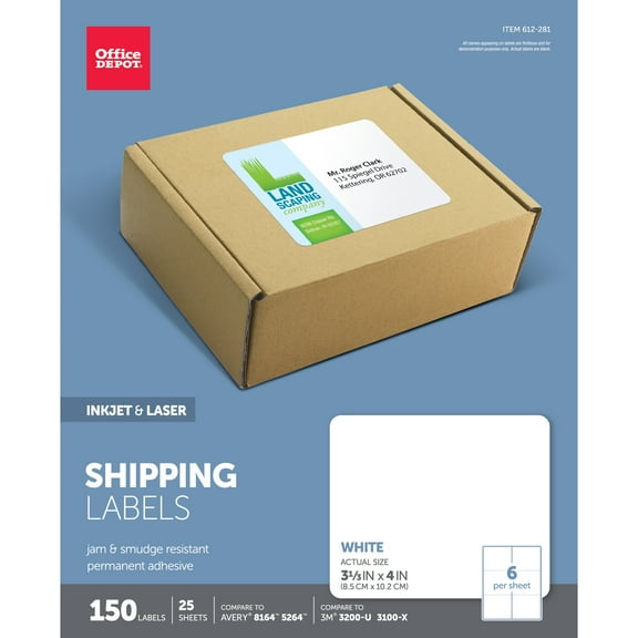 Office Depot White Inkjet/Laser Shipping Labels, 3 1/3in. x 4in., Pack Of 150, 505-O004-0009