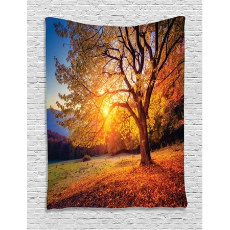 Two Grey Hills Tapestry Fall Tree Tapestry, Big Majestic Autumn Tree Shedding Faded Leaves on the Hill Slop Seasonal Landscape, Wall Hanging for Bedroom Living Room Dorm Decor, Brown, by Ambesonne ()
