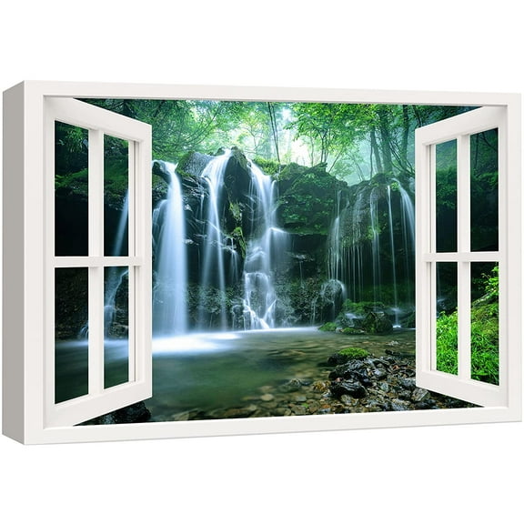 wall26 Canvas Print Wall Art Window View Rustic Waterfall Cascade River Forest Wilderness Nature Photography Realism Scenic Landscape Colorful Multicolor for Living Room, Bedroom, Office - 32"x4