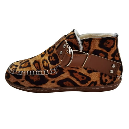 

Valentine s Day Deals!2022 Juebong Women s Fashion Flat Leopard Casual Buckle Strap Flock Round Toe Boots Shoes