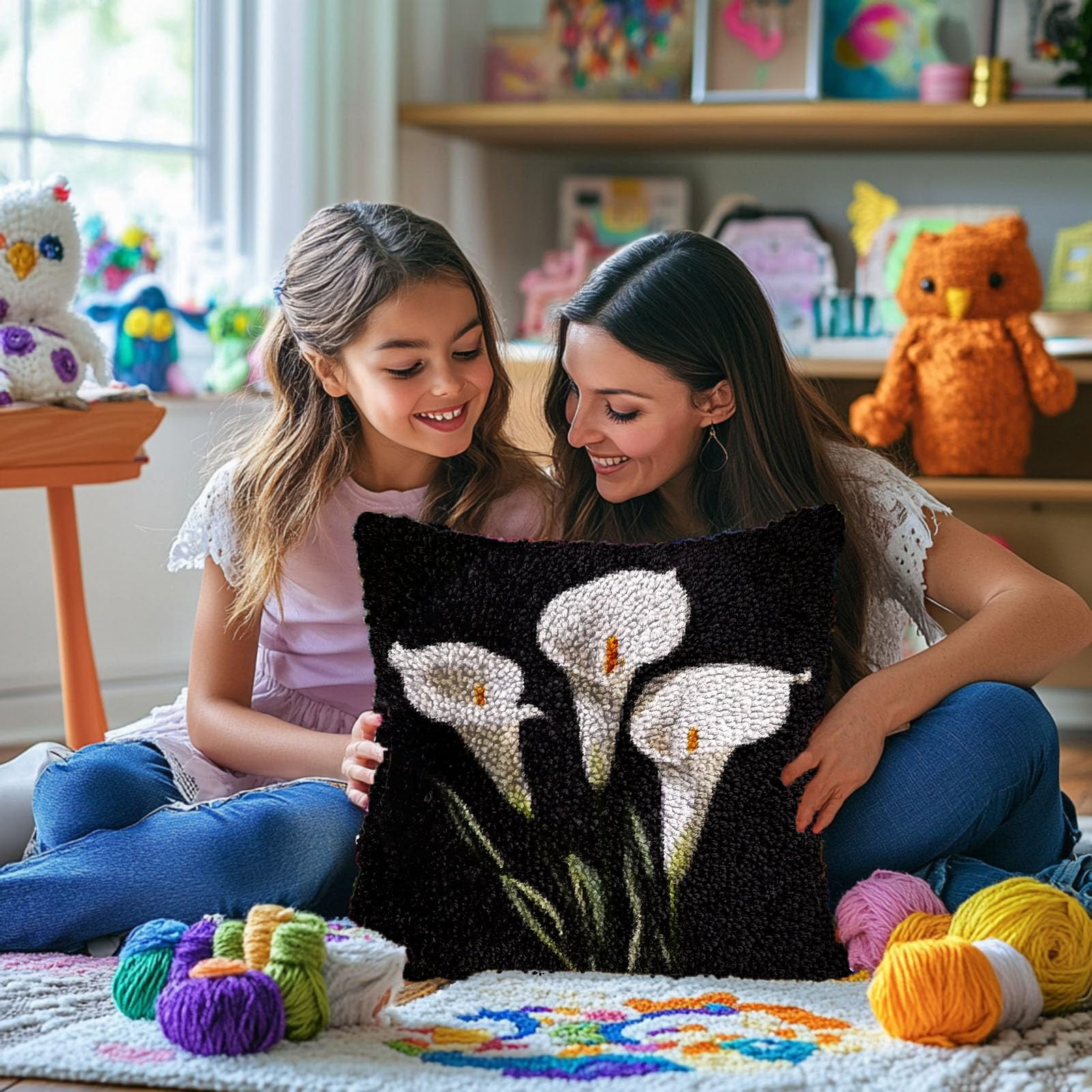 White Calla Lily Flower DIY Latch Hook Pillow Kits for Adults Printed Pillowcase Crochet Yarns Hooking Handmade Pillow Cover Cushion for Home Sofa Decoration 17x17inch