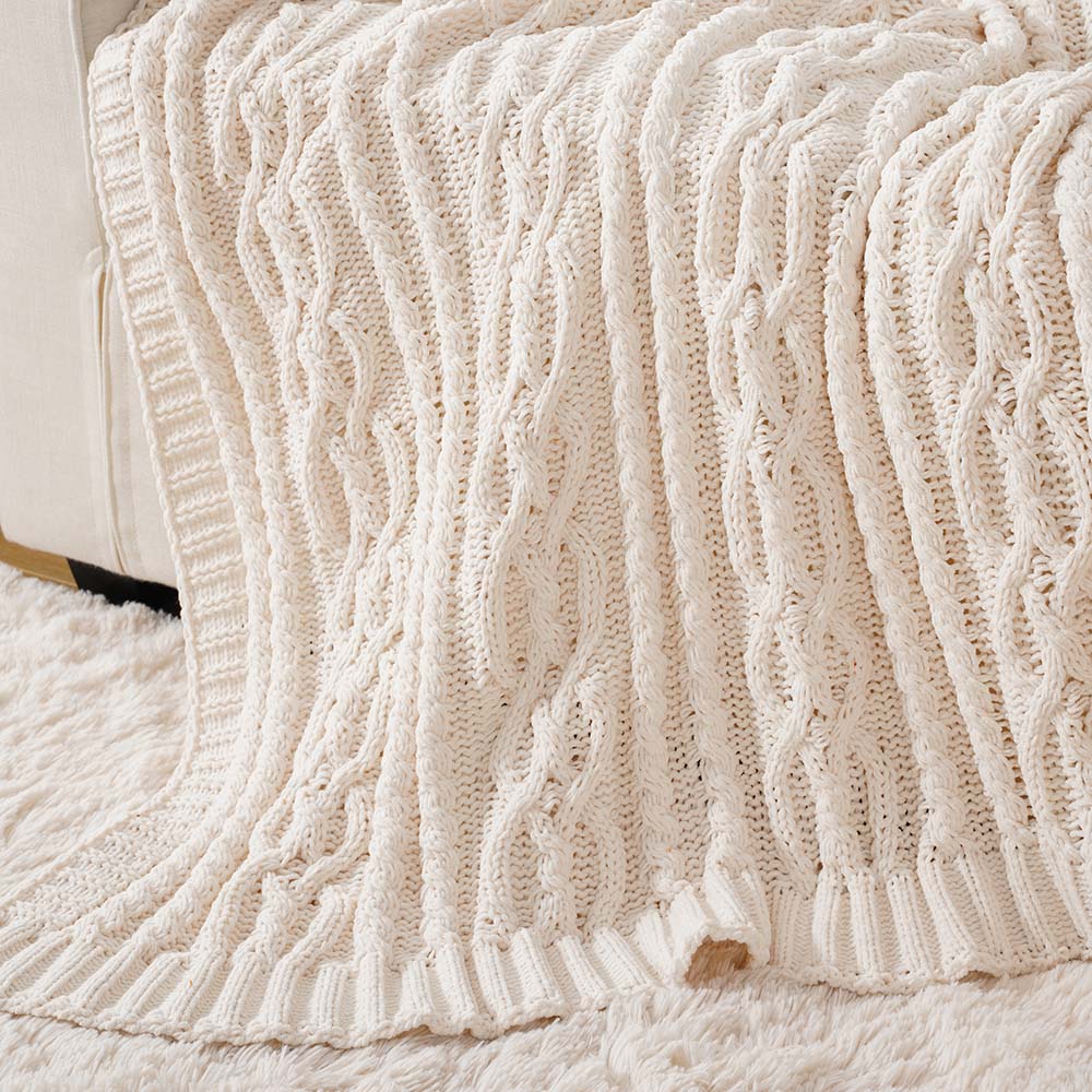 Battilo Cream Chenille Knit Throw Blanket, Textured Woven Decorative Blanket for Couch Bed,51"x67"