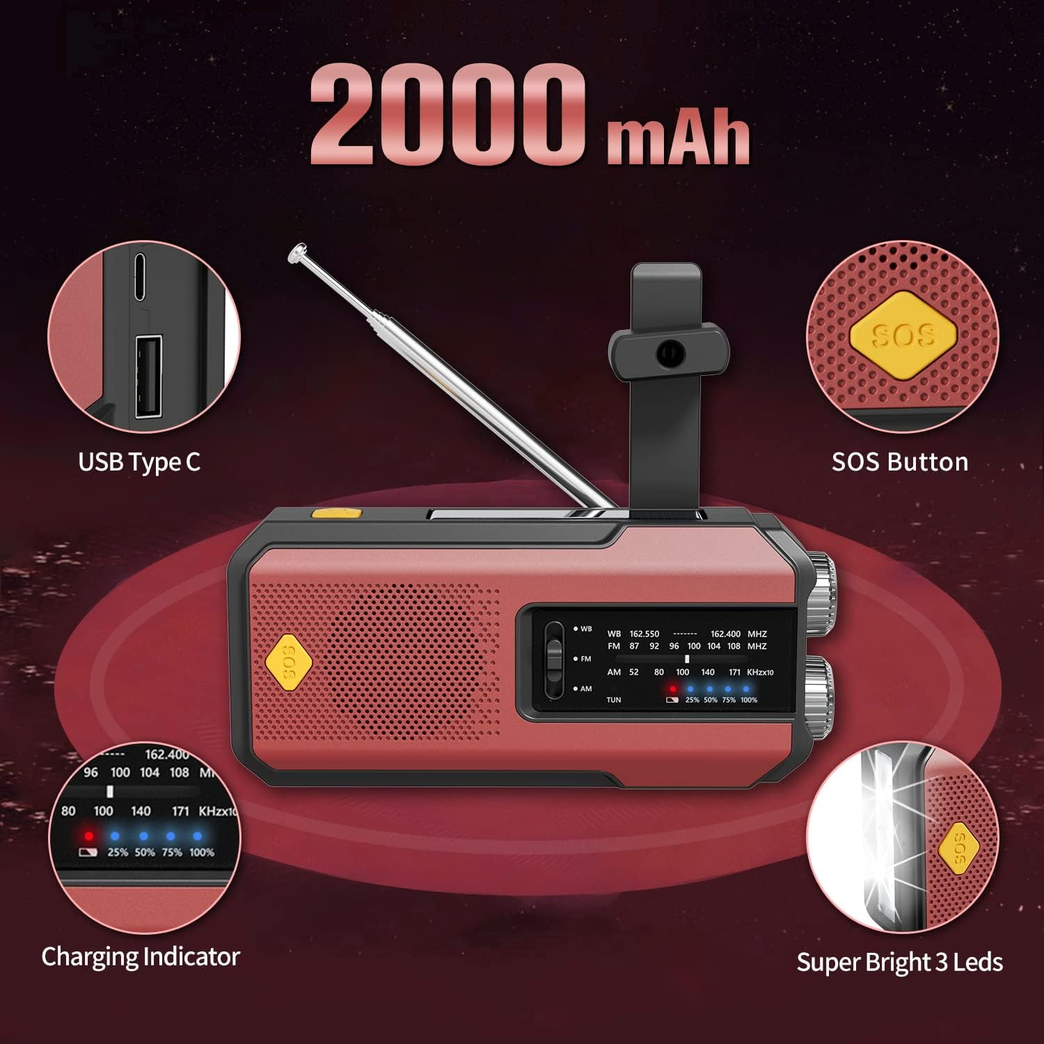Newest Prociv Solar Emergency Wind Up Radio, Portable Hand Crank AM/FM Radio with SOS Alarm LED Torch, 2000mAh Rechargeable Power Bank USB Phone Charger Flashlight for Camping (Red)