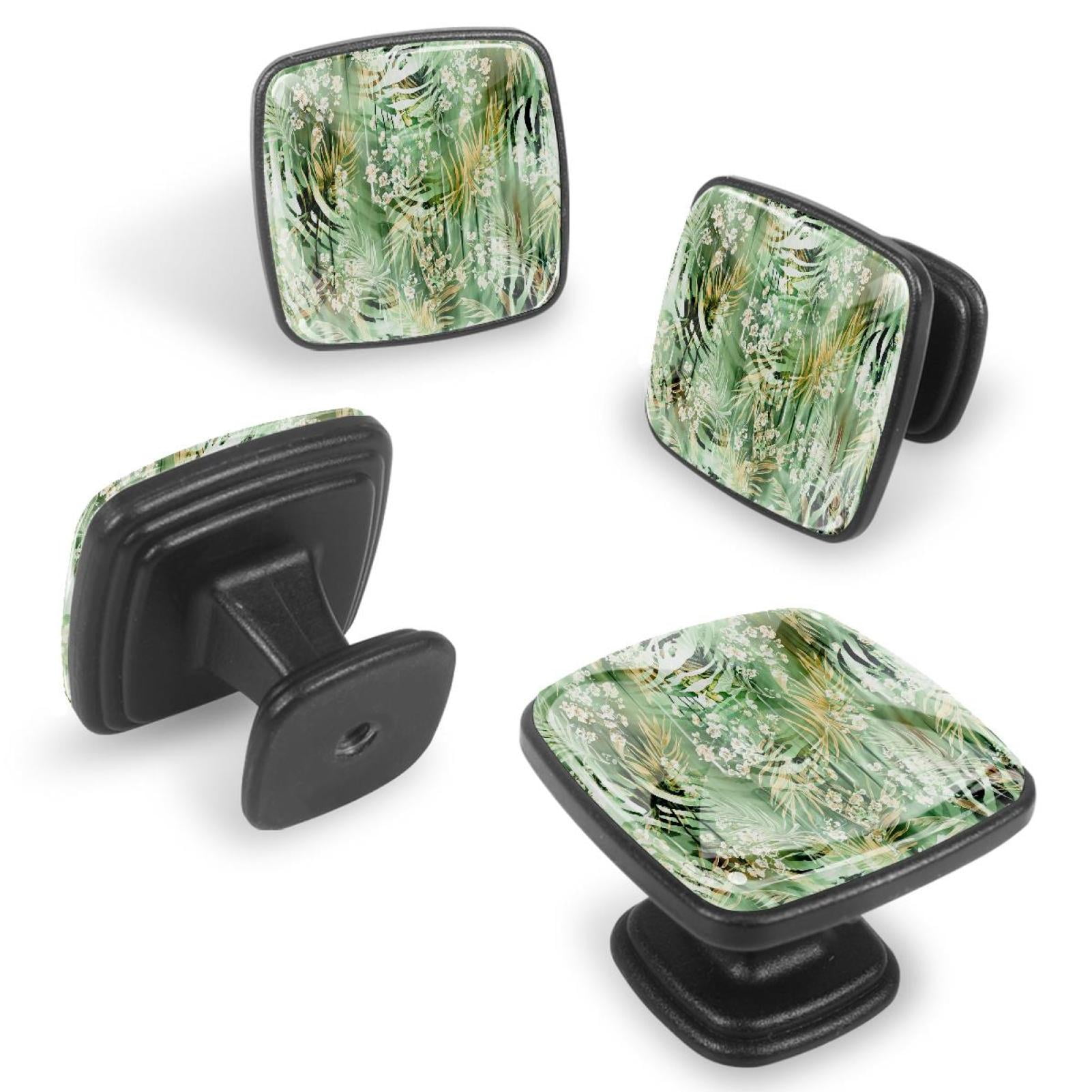 4 Pcs Cabinet Handle Drawer Pulls Green Leaves Pattern Knobs with Screws Square Furniture Office Cabinet Knob Decoration