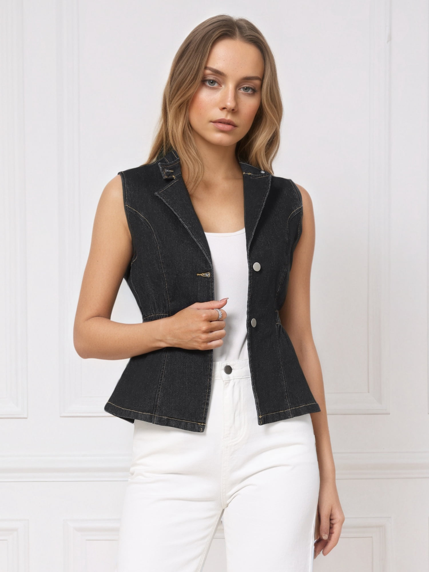 DARING DIVA Women's Button Down V Neck Elastic Waist Sleeveless Waistcoat L Black