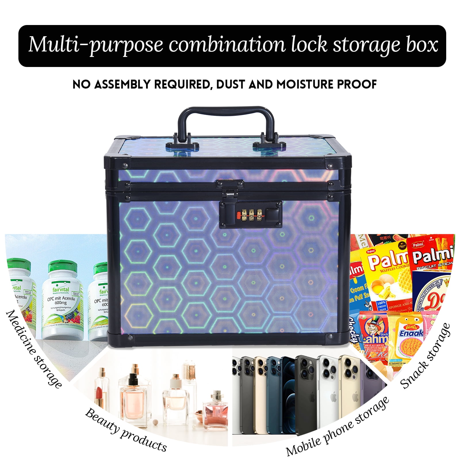 Security Lock Box with Combination Lock, Lockable Storage for Medicine, Jewelry, Cash & Cosmetics-Colorful Blue