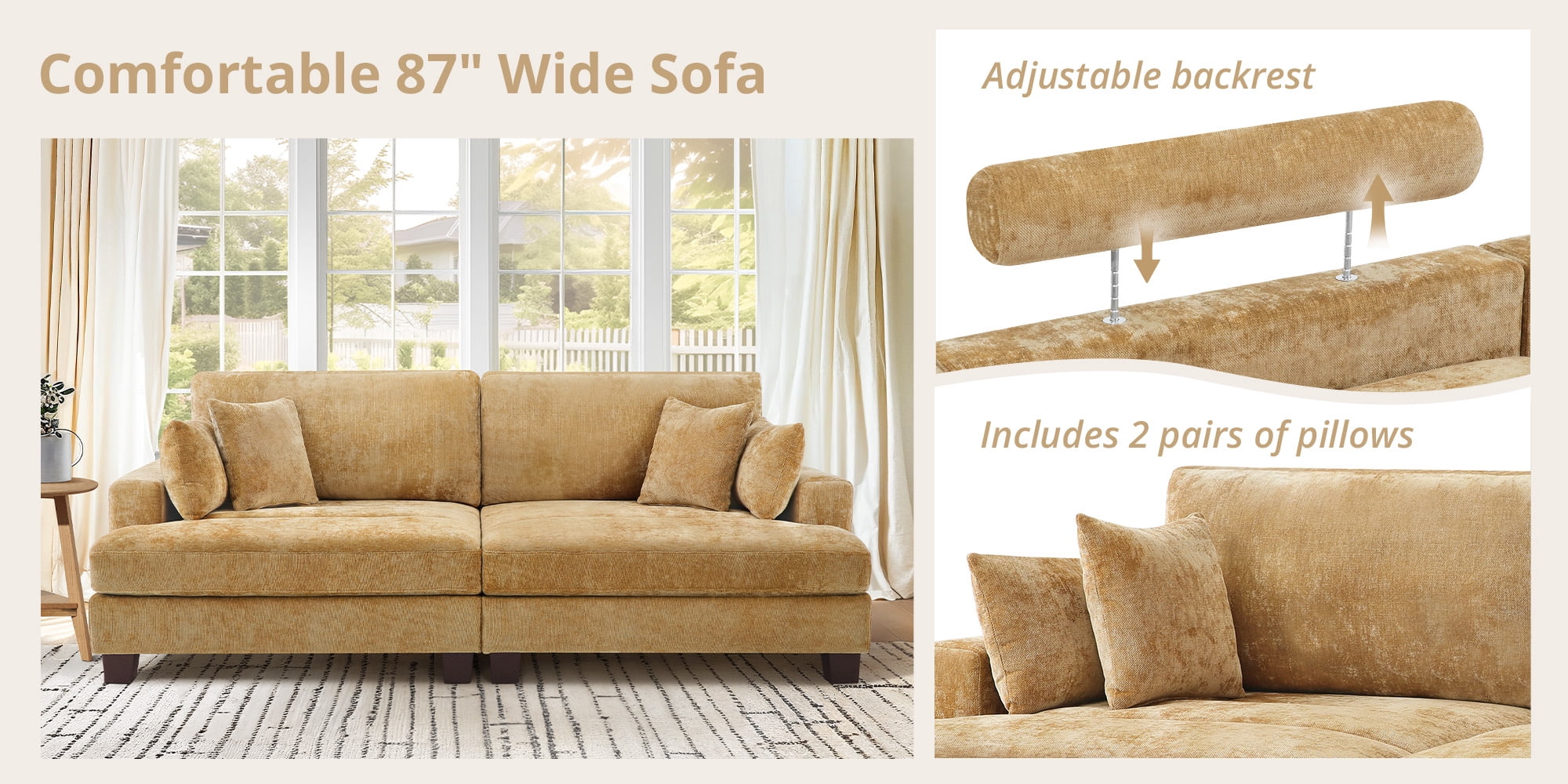 Dycanpo 3 Seater Corduroy Sectional Sofa with Pillow, 88" Upholstered Yellow Couch, Loveseat Sofa for Living Room, Yellow