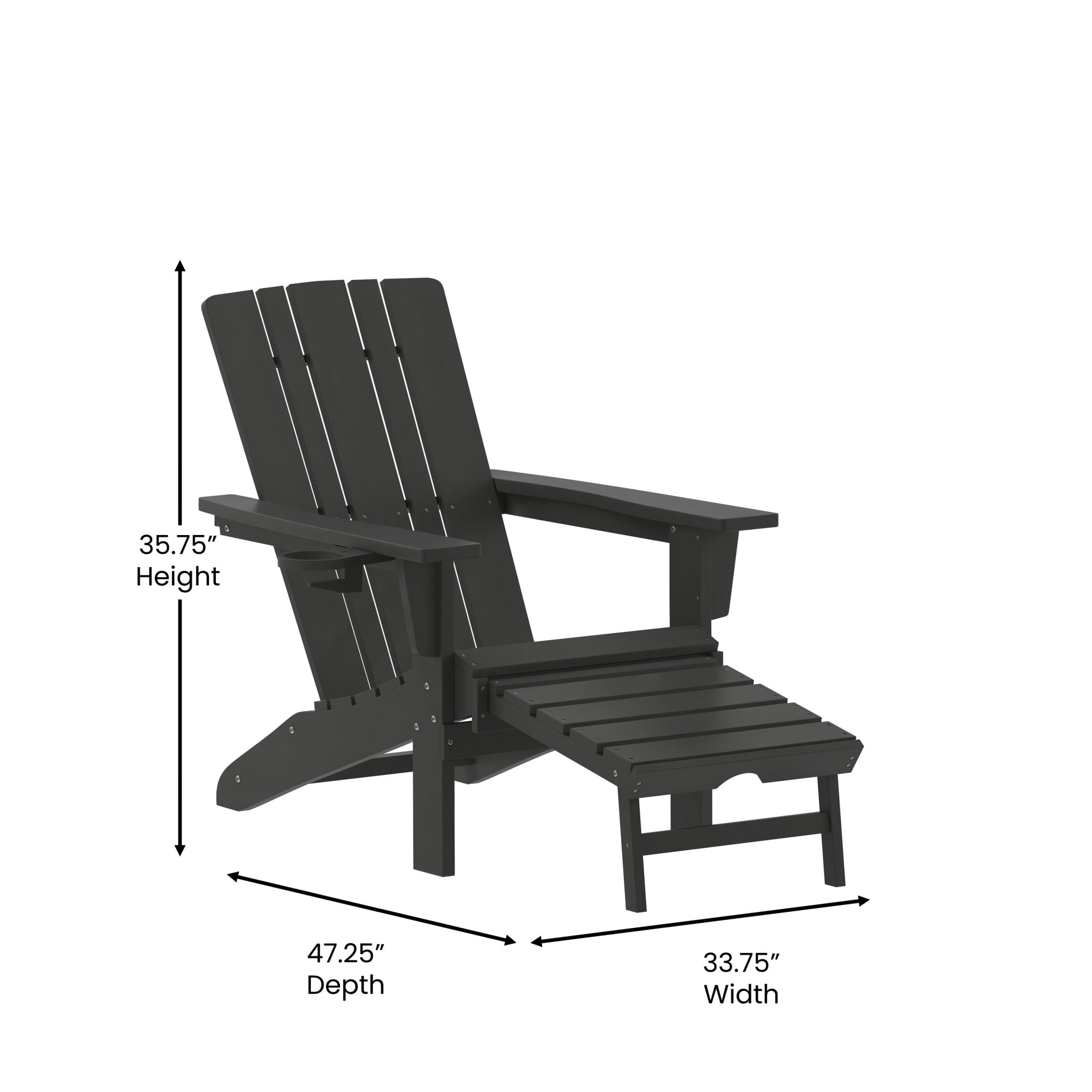 Flash Furniture Halifax HDPE Adirondack Chair with Cup Holder and Pull Out Ottoman, All-Weather HDPE Indoor/Outdoor Lounge Chair in Black, Set of 2