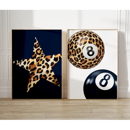 Cheetah Print Set 8 Ball Wall Art Bold Baddie Posters Trendy Leo.Pard Decor Navy Blue Star Print Art Girl Boss Grunge Dorm Room Set 2