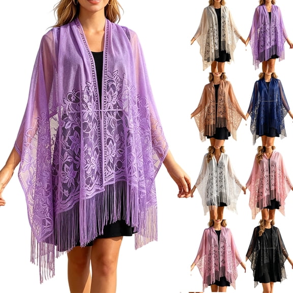 AHMOMEI Women’s Floral Lace Tassel Shawl Wrap, Sheer Open Front Fringed Cover Up, Lightweight Scarf for Evening Dresses Wedding Bridesmaid Party (Light pink)