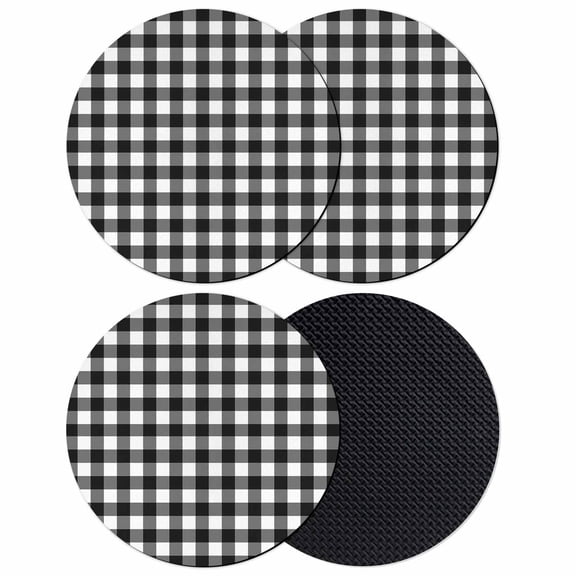 Black White Plaid Coasters Set of 4, Modern Simple Buffalo Check Gingham Absorbent Coasters for Drinks, Coaster for Bar Office Dining Coffee Table Accessories Decor, Non Slip Round Desk Coaster