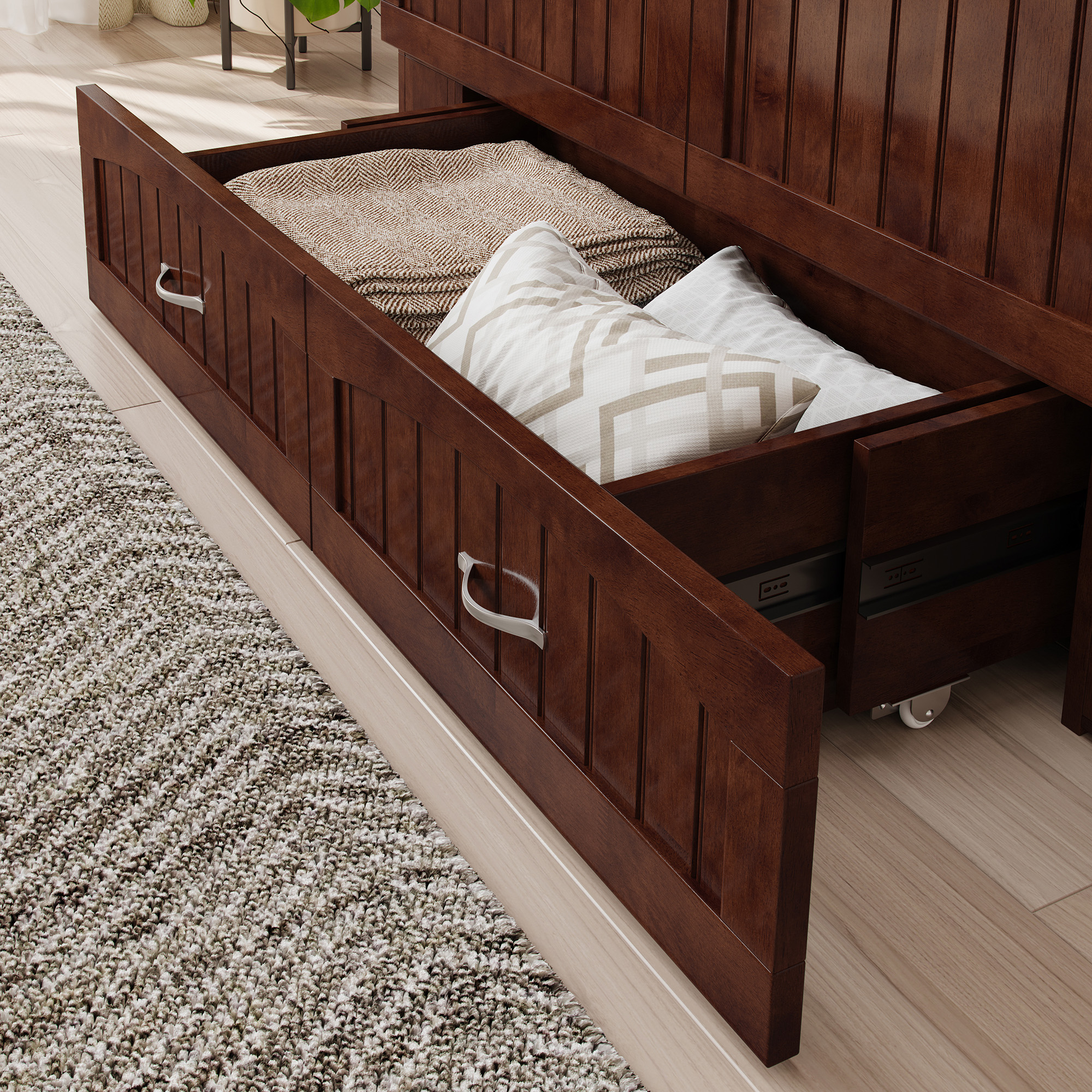 AFI Southampton Full Wood Murphy Bed Chest with Mattress, Drawer & Charger in Walnut