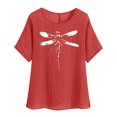 thumbnail image 5 of lcziwo Summer Tunic Tops for Women Lightweight Comfy Cotton Linen Shirts Fashion Dragonfly Print Blouses Loose Fit Short Sleeve Tees Limited Time Sales of The Day Red M, 5 of 8
