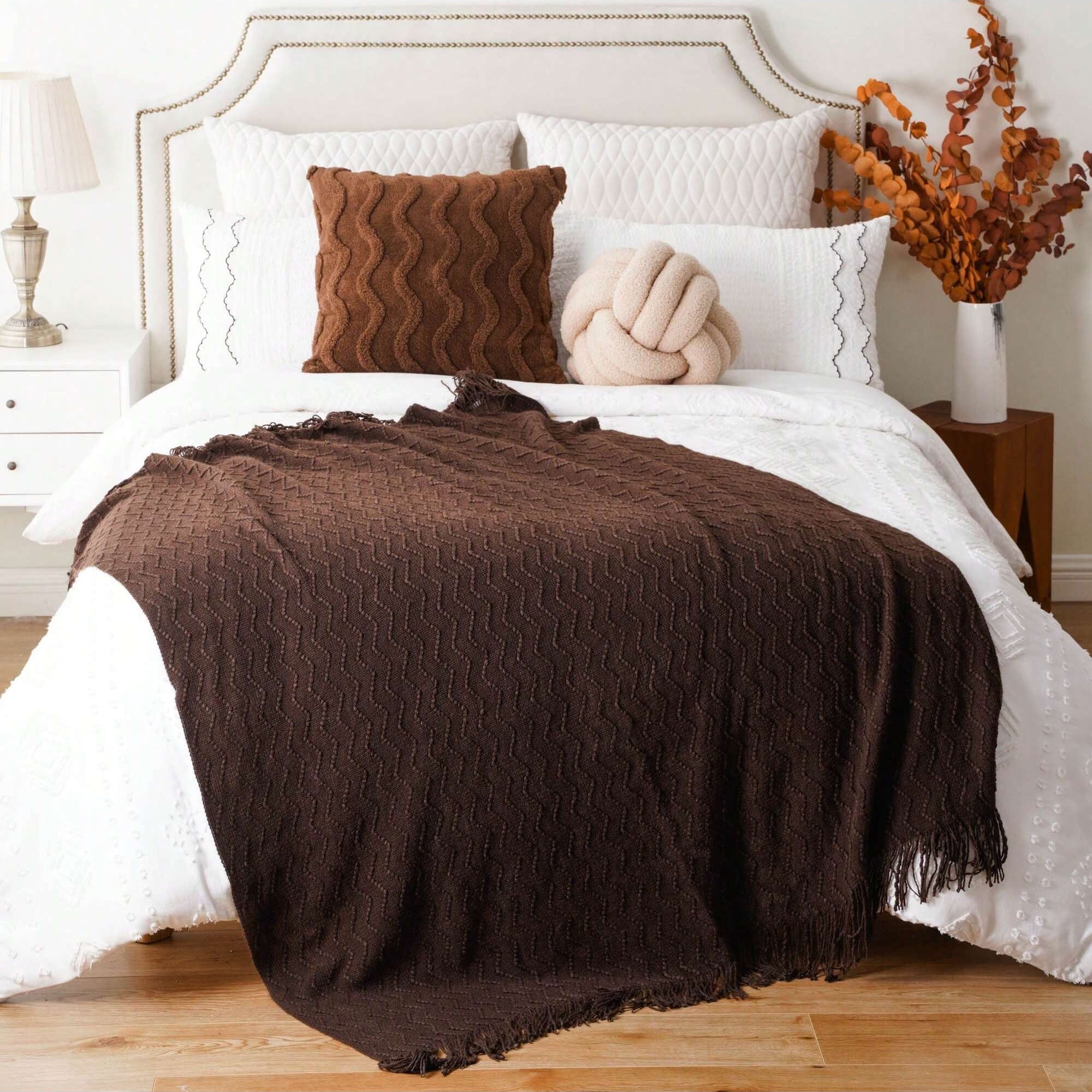 Battilo Brown Throw Blanket for Couch Bed Sofa,Boho Decorative Chocolate Brown Knit Throw,50"x60"
