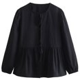 thumbnail image 2 of Ltctricy Babydoll Tops for Women Crew Neck Tie Front Solid Color Lantern Long Sleeve Shirts Casual Loose Blouses(Black,Large), 2 of 5