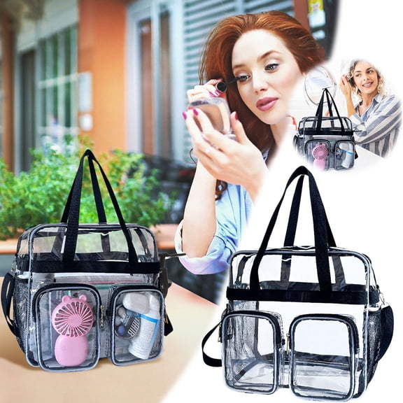 Large Transparent Cosmetic Bag for Travel Gym Makeup Organizer Tote with Adjustable Shoulder Strap and Front Pockets
