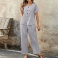 thumbnail image 5 of ibuvkizy Women's 2 Piece Casual Outfit Set V Neck Button Front Short Sleeve Tops with Lace Trim & Elastic Waist Cropped Wide Leg Pants with Pockets,Lightweight Linen Blend Summer Matching Suit, 5 of 9